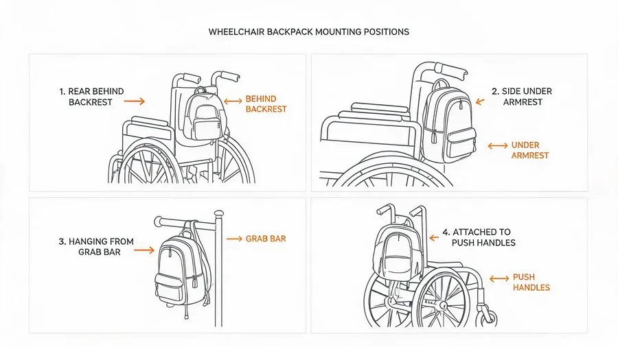 Diagram comparing wheelchair backpack mounting positions and user reach