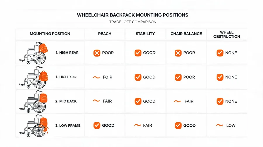 Comparison table of wheelchair backpack mounting positions and trade-offs