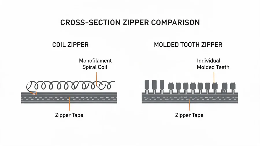 Diagram comparing coil and molded tooth zipper chain construction