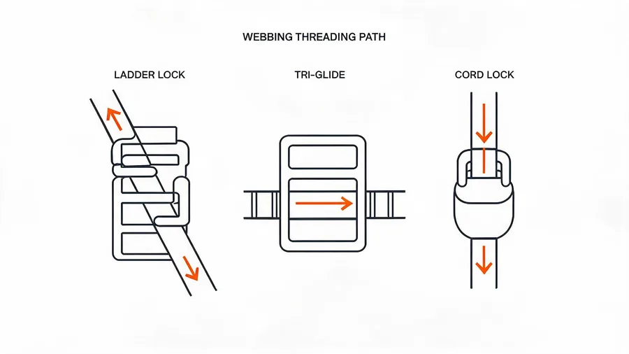 Diagram showing webbing path through ladder lock, tri-glide, and cord lock hardware