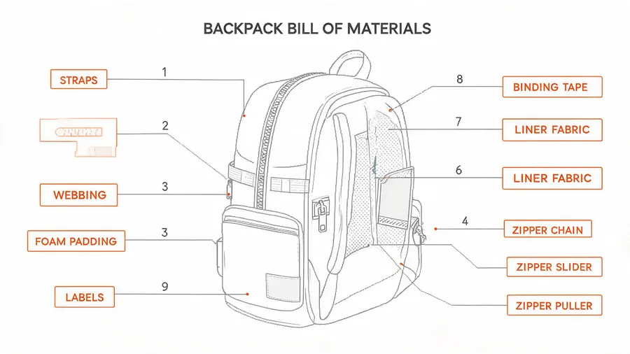 Backpack specification and bill of materials diagram with component callouts