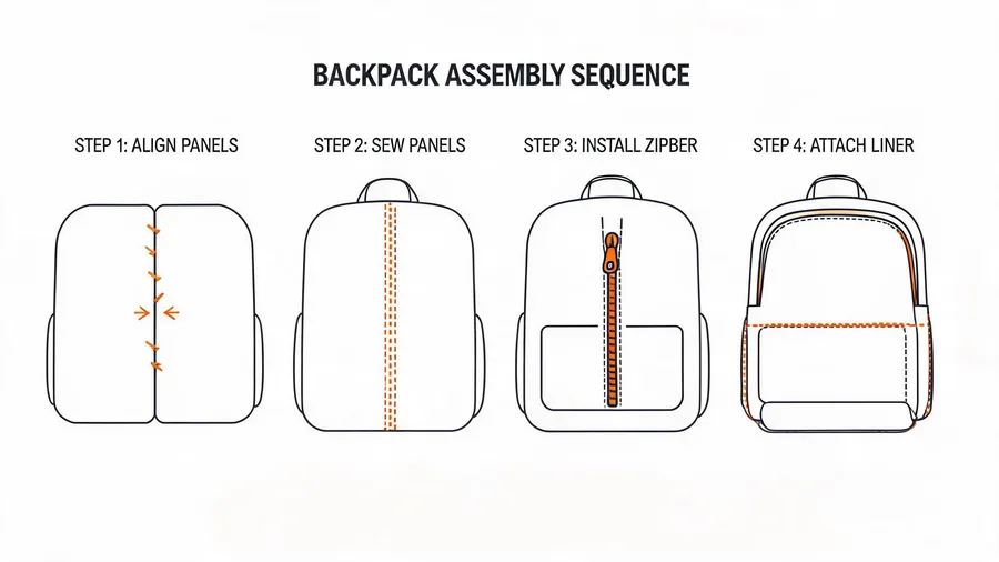 Backpack main sewing sequence diagram showing panel order