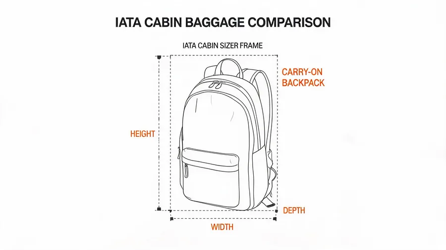Diagram comparing backpack dimensions to IATA carry-on sizer