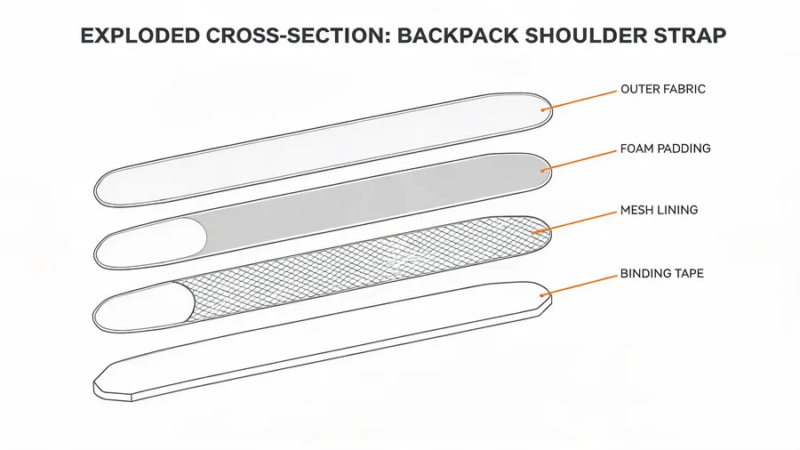 Cross-section diagram of backpack shoulder strap layers including foam and mesh
