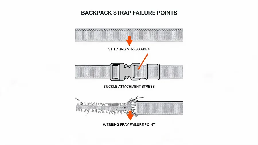 Diagram of backpack strap failure points at stitching, buckles, and webbing