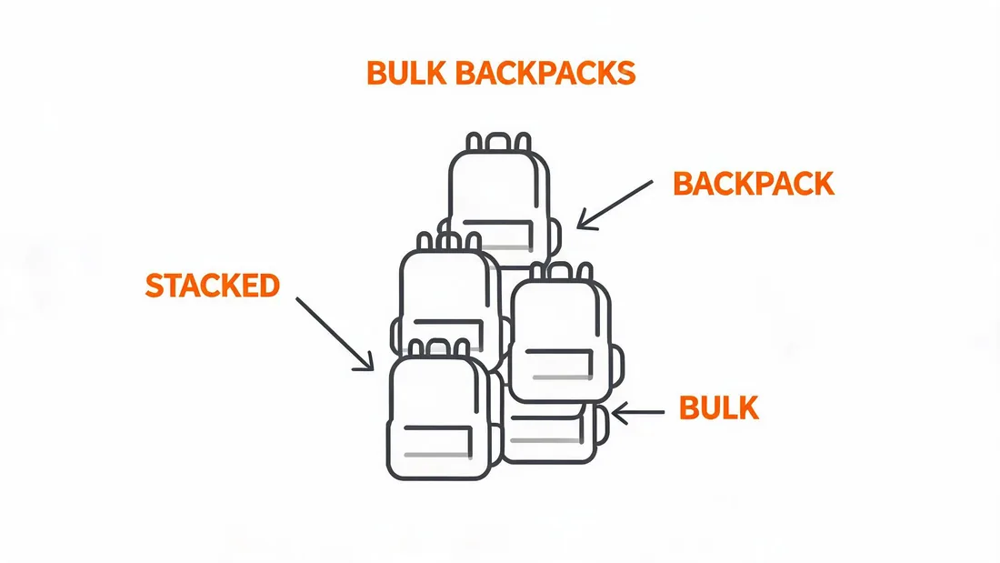 Bulk back packs stacked in a ready for wholesale order