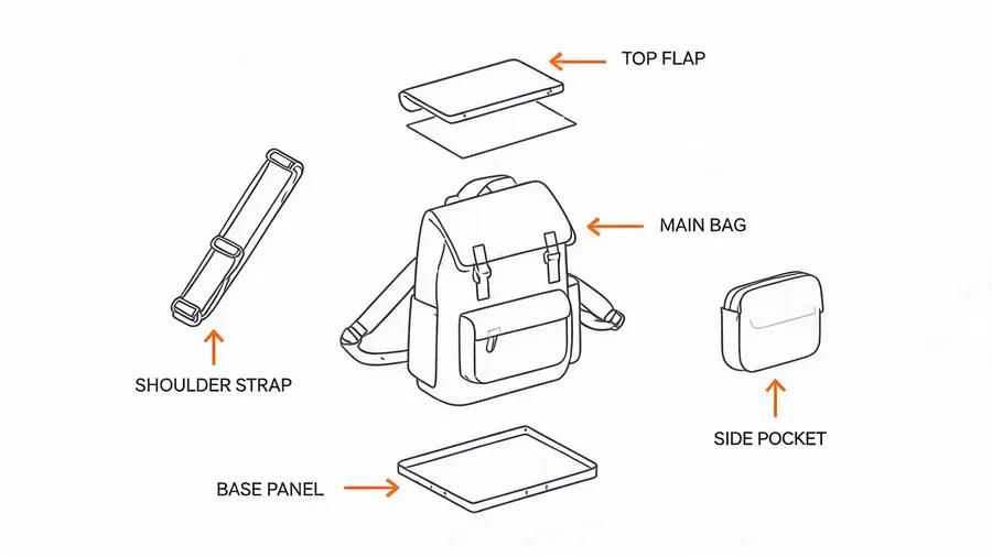 Exploded view of a backpack showing components confirmed at pre-production sample