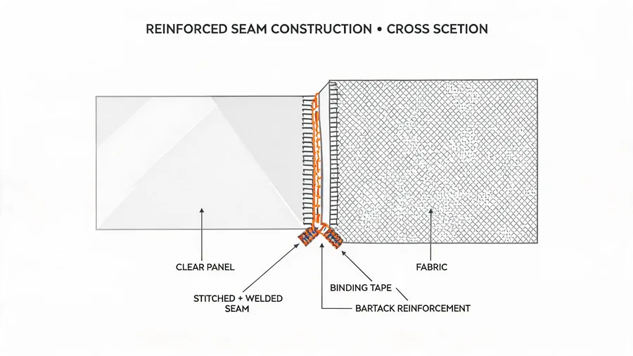 Diagram of reinforced seam construction for clear backpack panel attachment