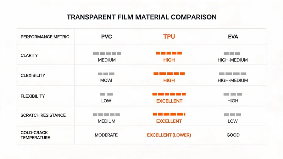 Comparison diagram of PVC, TPU, and EVA clear backpack material properties