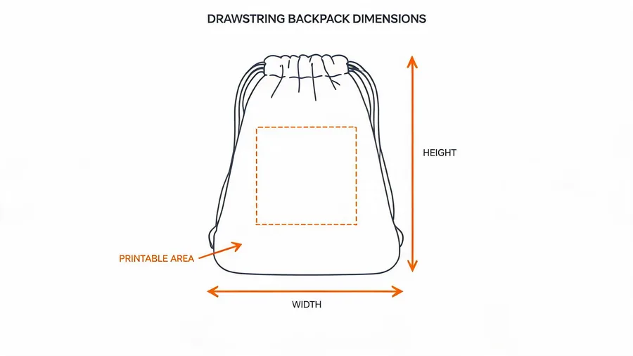 Diagram of drawstring backpack sizing and printable area