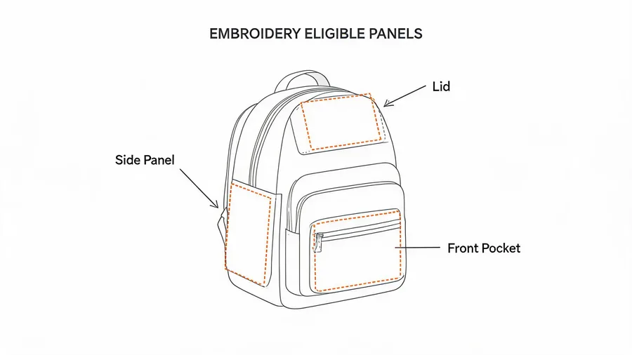 Diagram of backpack panels suitable for embroidery placement