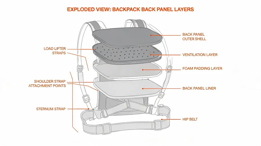 Diagram showing backpack back panel and carrying system components