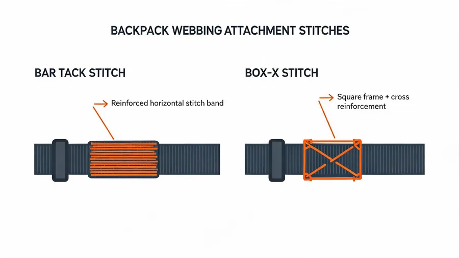 Diagram comparing bar tack and box-x reinforcement stitches on backpack parts