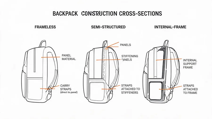 Diagram comparing frameless, semi-structured, and internal-frame backpack structural systems