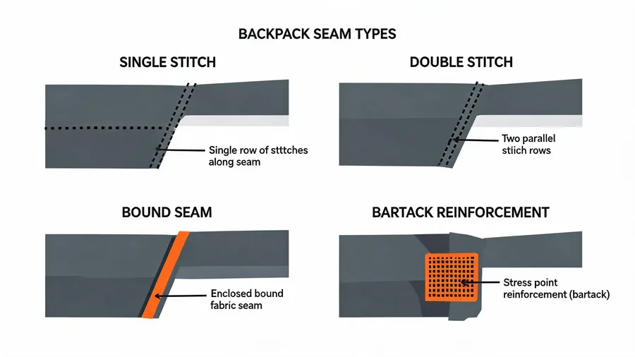 Diagram comparing backpack seam constructions and stress point reinforcement