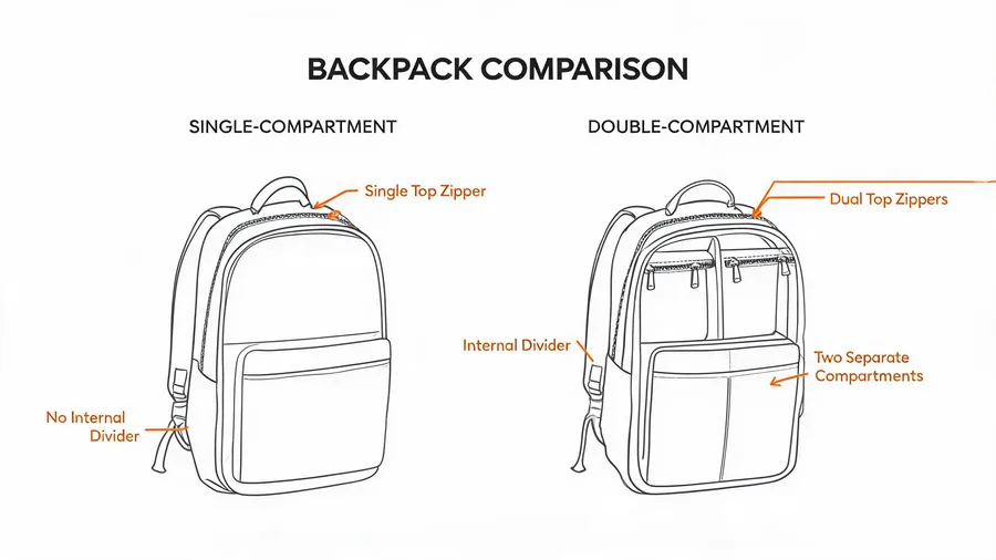 Diagram comparing single and double compartment backpack structures