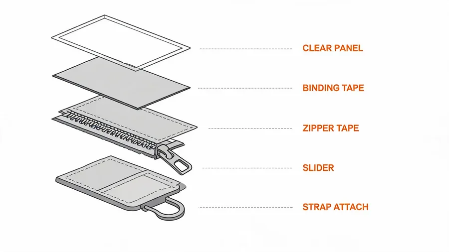 Exploded view of clear backpack seam, binding, zipper and strap construction for bulk use
