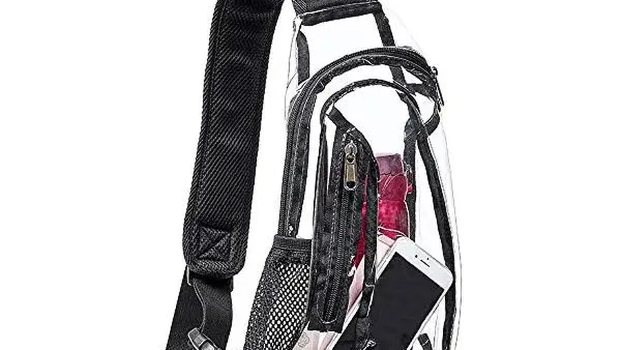 Clear sling backpack with a see-through body and black straps